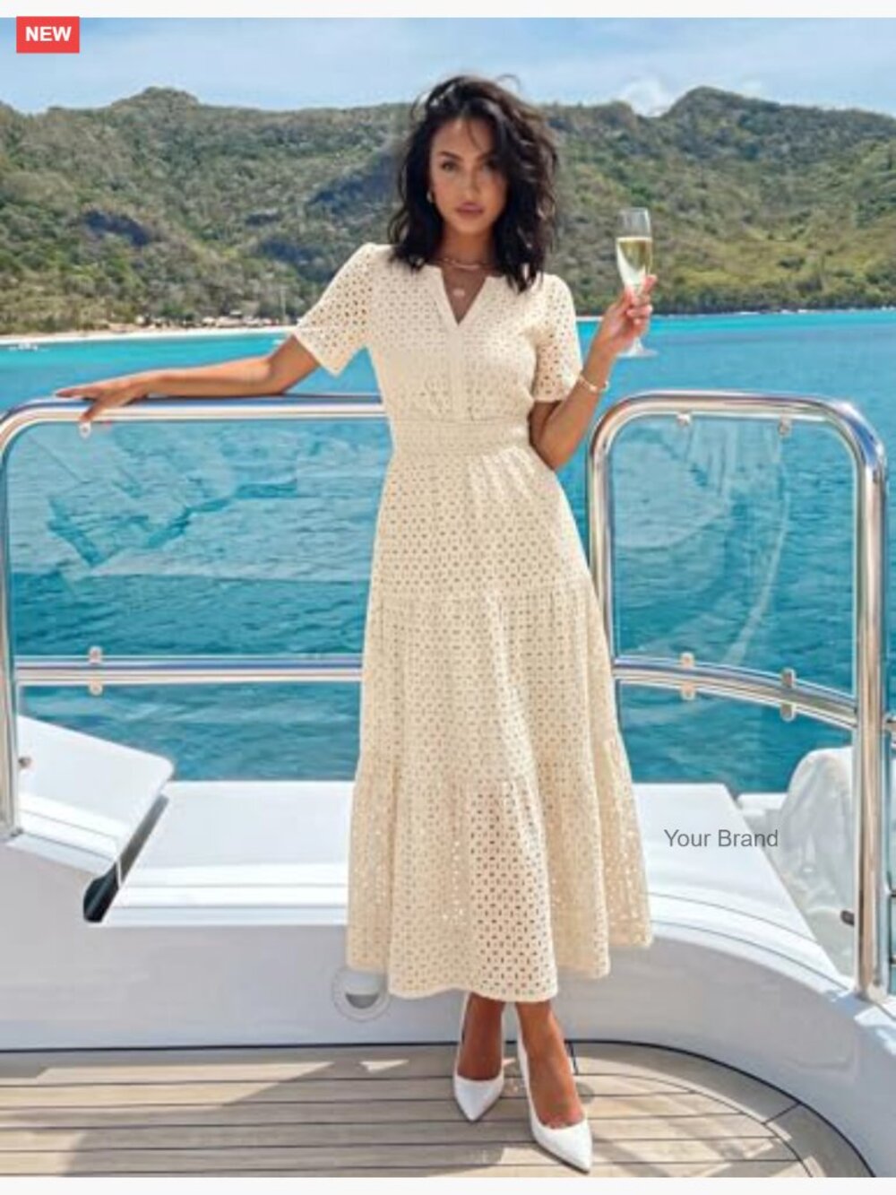 V Neck Short Sleeve Eyelet Ruffle Maxi Dress Hollow Out Swing A Line - Picture 3 of 7